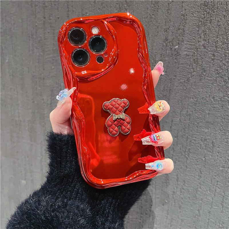 富典个性小熊苹果15华为OPPO小米vivo电镀曲边纹iPhone14手机壳女