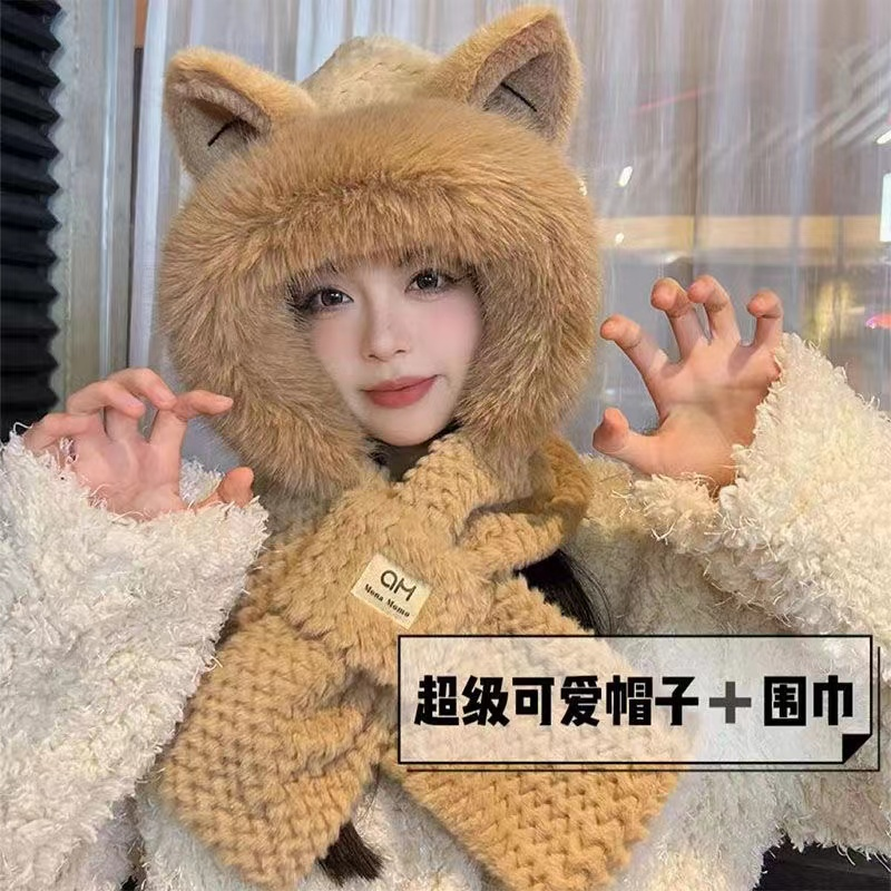 帽子女秋冬可爱雷锋帽百搭狐狸猫咪耳朵加厚毛绒保暖护耳包头帽潮