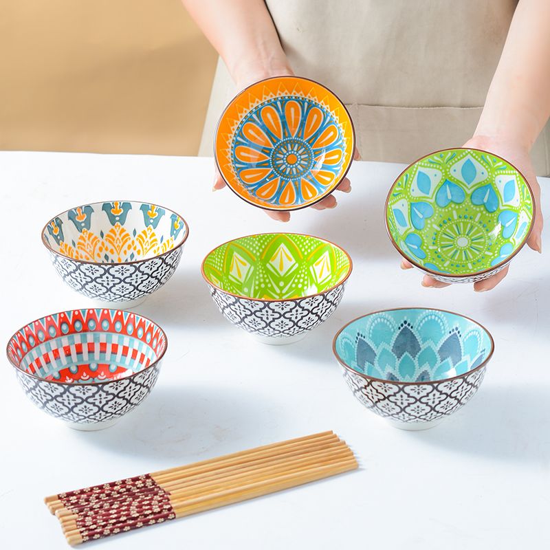 {冬季爆款}外贸尾单家用网红波西米亚餐具4.8寸高脚防烫碗筷礼盒