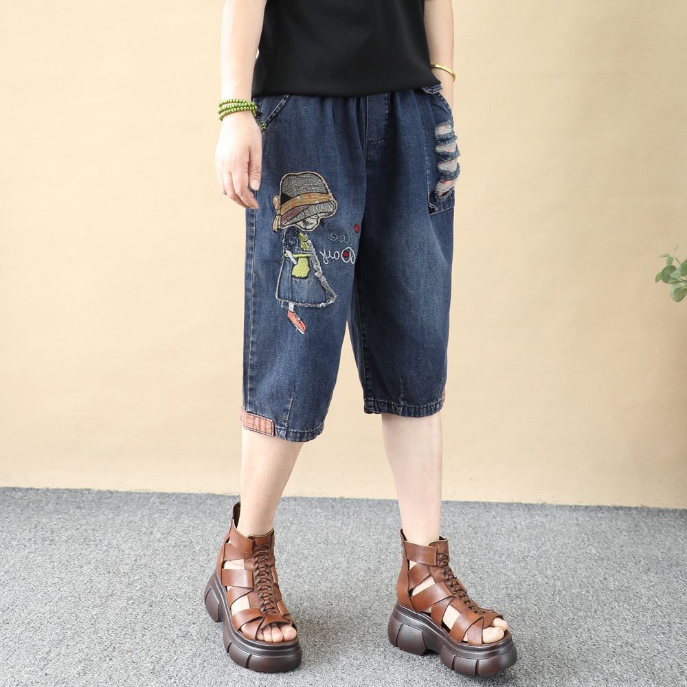 夏季薄款绣花牛仔裤女复古文艺卡通女孩刺绣中裤宽松破洞哈伦裤