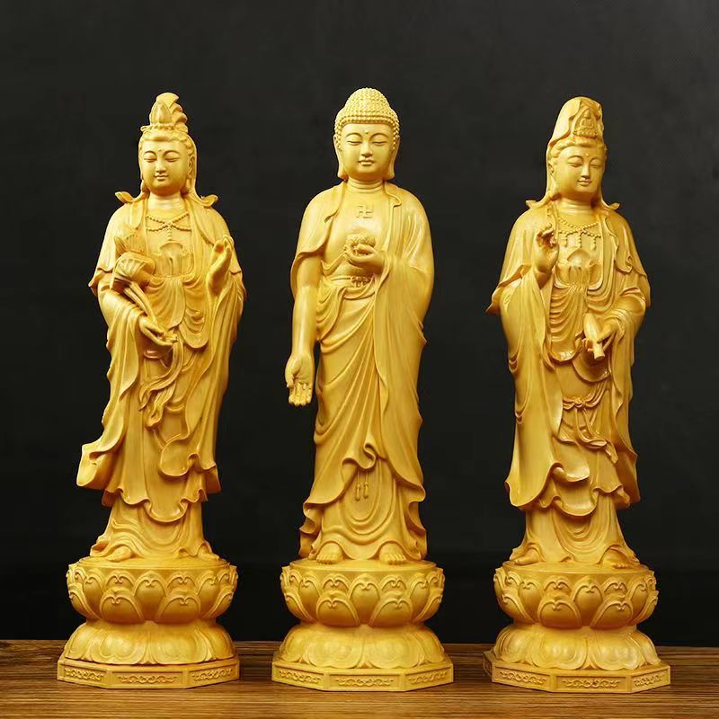 黄杨木雕西方三圣木制雕刻工艺品摆件阿弥陀佛观音大势至家居摆件
