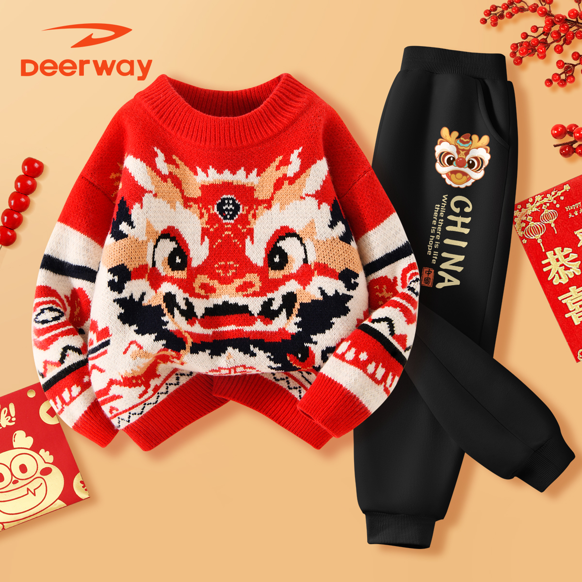 德尔惠儿童毛衣套装2024龙年中大童男童女童国潮冬装红色喜庆上衣