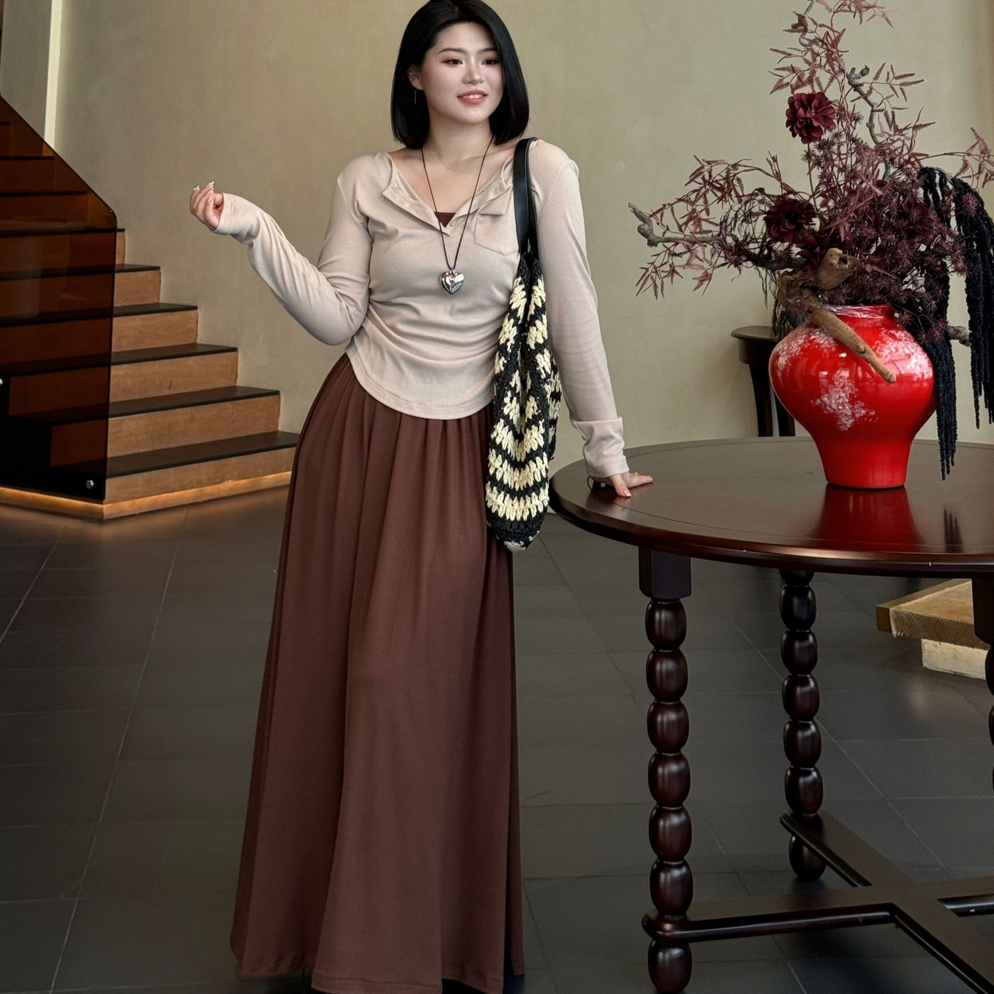 清【神仙姐姐】初秋大码针织穿搭显瘦上衣咖色吊带裙套装-S1094