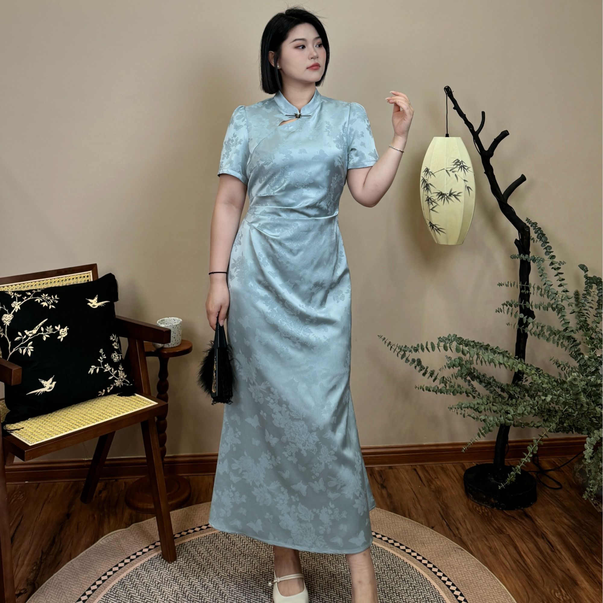 清【烟雨朦胧】春夏季时尚气质遮肉显瘦提花竹叶新中式连衣裙-S1058