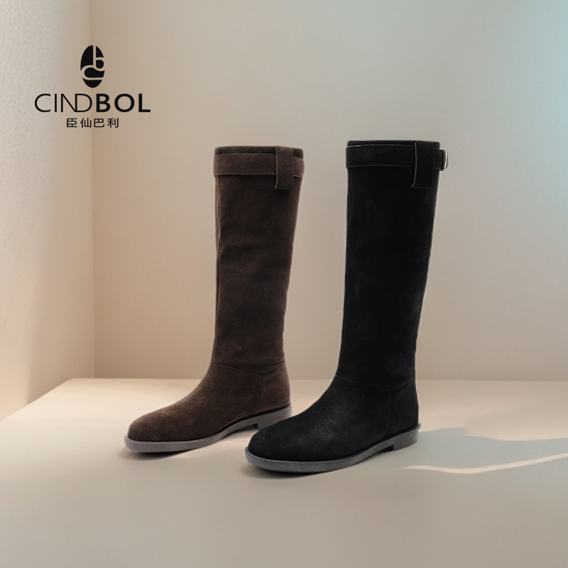 CINDBOL/臣仙巴利磨砂绒面金属扣圆头弹力靴3cm 低跟平底靴女2011