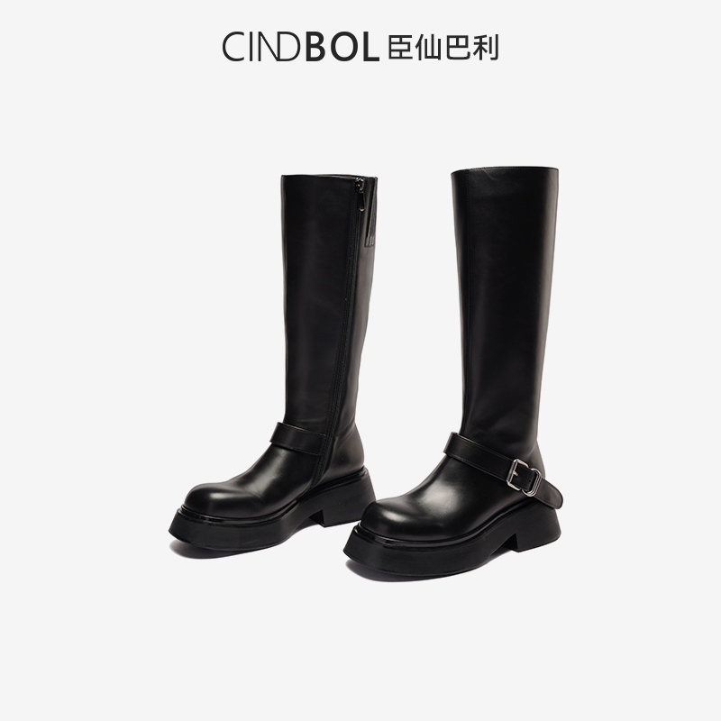 CINDBOL/臣仙巴利先锋名典欧洲站真皮松糕皮带扣显瘦高筒靴女1960