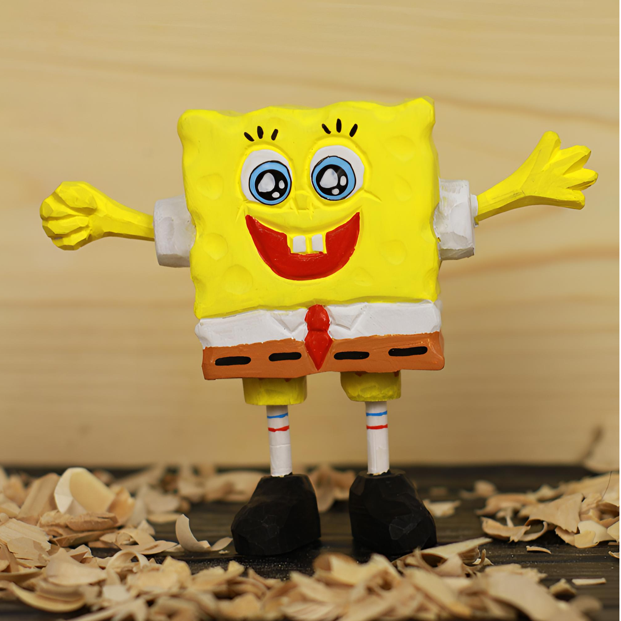 木雕海绵宝宝手工雕刻木作家居礼物生日网红动物可爱创意家用神器