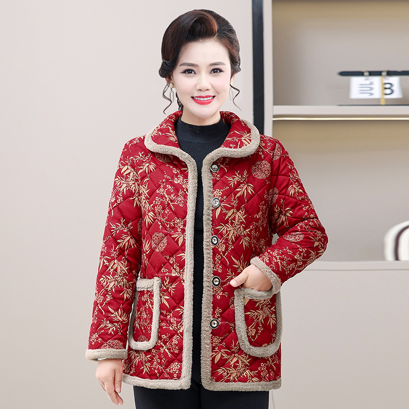 妈妈碎花棉服冬季新款保暖棉袄加绒翻领中老年棉衣外套加厚洋气