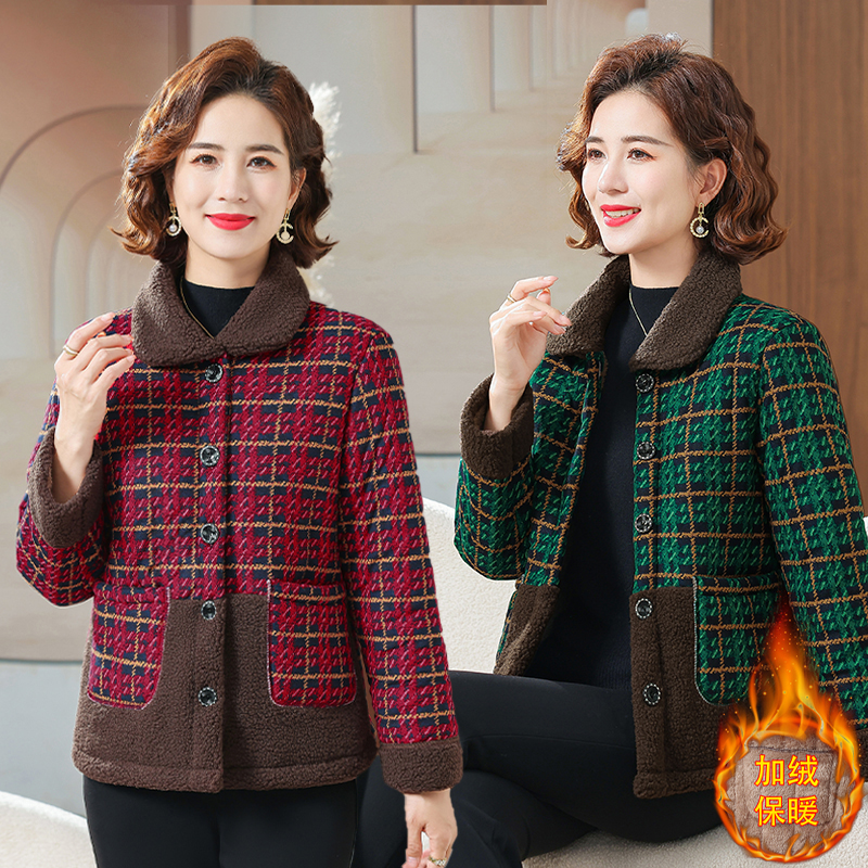 奶奶秋冬外套中老年人加绒加厚格子时尚棉服棉衣奶奶装棉袄妈妈