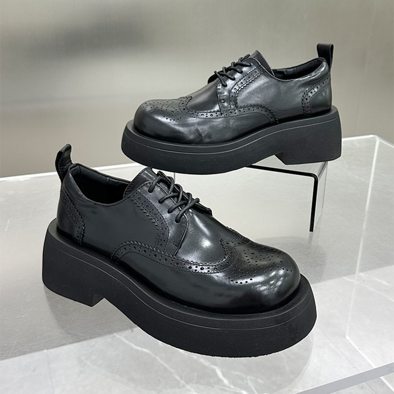 真皮系带2024春季新款黑色圆头乐福鞋英伦时尚潮流休闲厚底乐福鞋