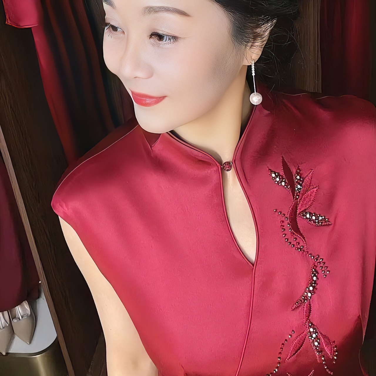 5659-11高端定制缎面无袖礼服旗袍中式连衣裙时尚红色连衣裙
