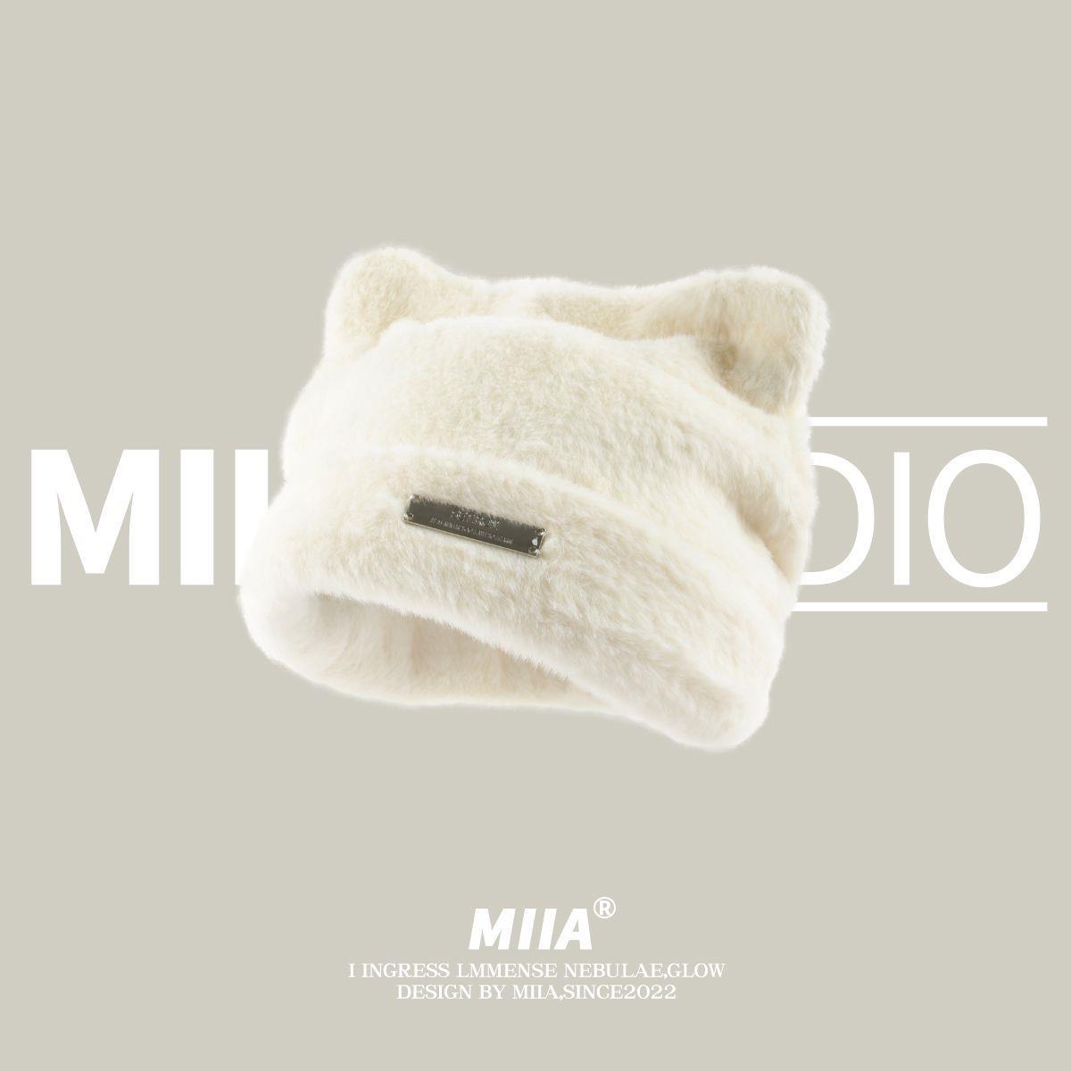 韩国新款可爱猫耳朵仿貂毛针织帽冷帽毛线帽子女时尚百搭包头帽