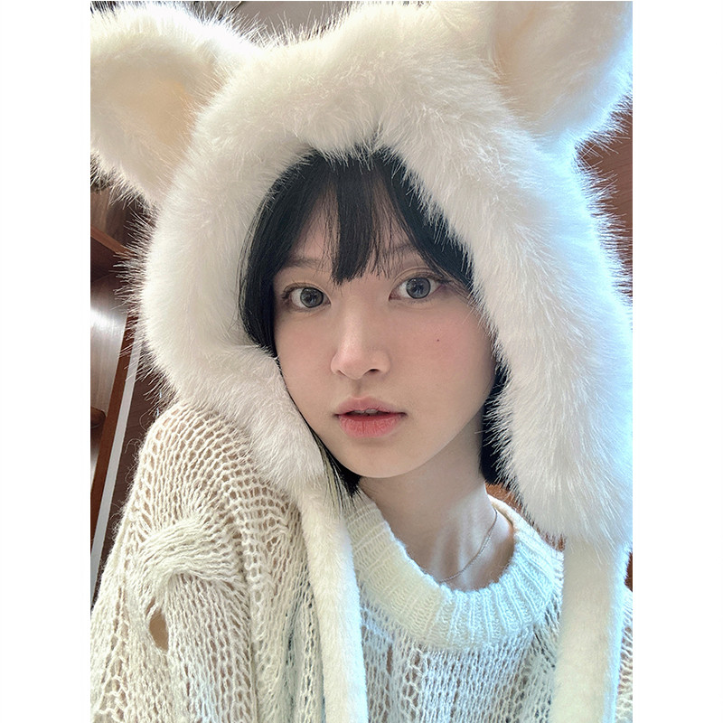 可爱狐狸耳朵毛绒绒帽子女秋冬新款保暖雷锋帽韩国护耳帽显脸小