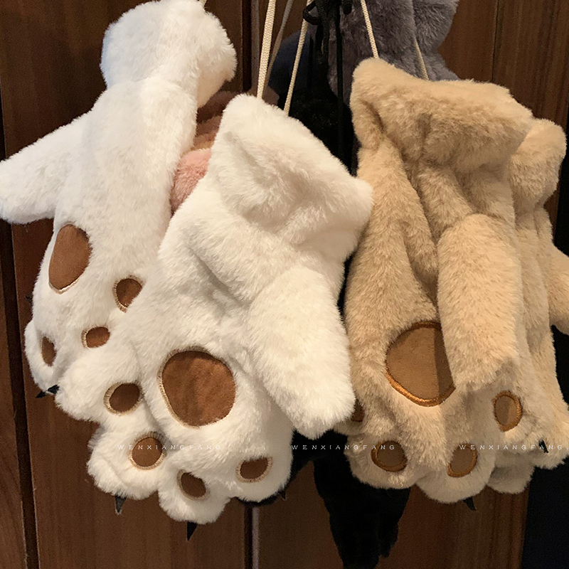 可爱小熊掌毛茸茸手套女生冬季保暖加绒加厚熊爪骑车女士冬天情