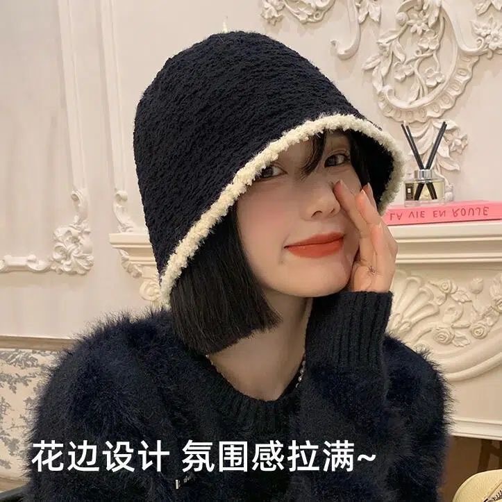 日系学生早八大头围秋冬天帽子女百搭毛绒拼接针织保暖毛线渔夫帽