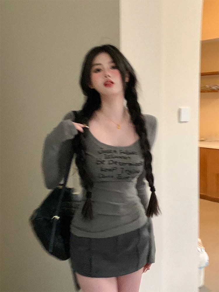 灰色u领大领口低领正肩长袖t恤女冬季辣妹内搭打底衫修身紧身上衣