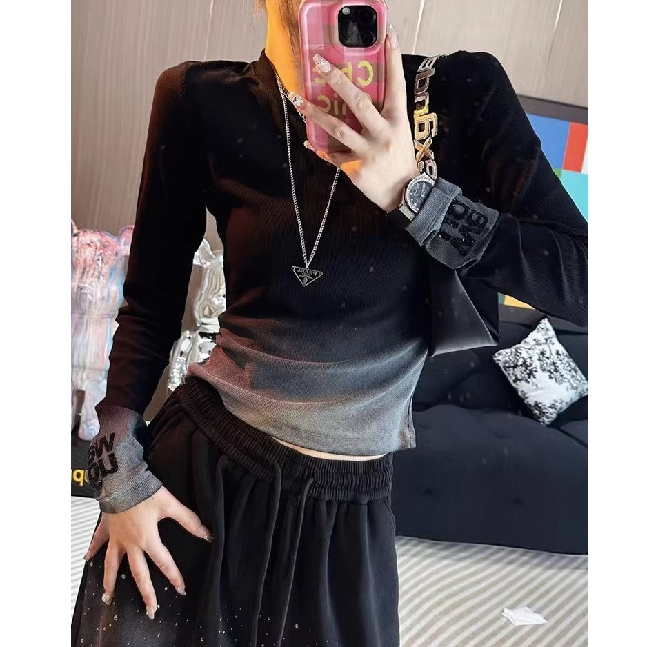 法式圆领撞色重工烫钻长袖T恤女秋季新款洋气减龄显瘦打底衫上衣