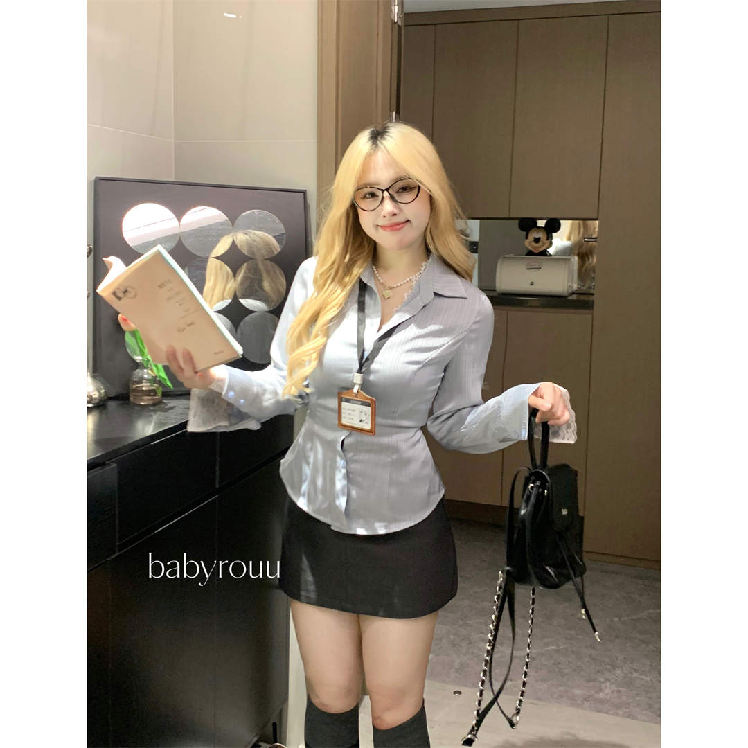 baby rouu【现货】【私立漫高】秋季polo领收腰衬衫高腰显瘦半裙
