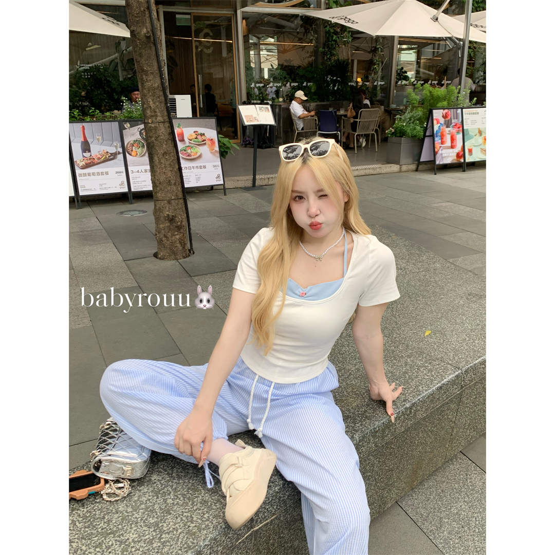 温与柔【慵懒女孩】撞色假两件上衣高腰显瘦慵懒风阔腿裤套装