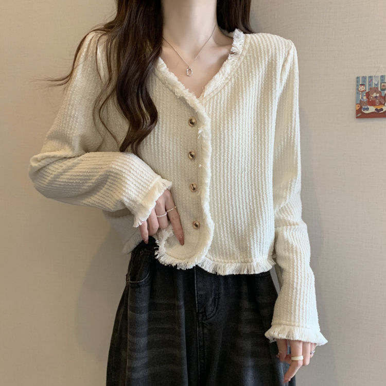 小香风气质V领流苏边长袖上衣女衬衫秋装韩版复古百搭开衫短外套