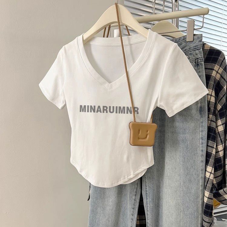 纯棉v领短款短袖t恤女夏季甜辣修身显瘦百搭高腰露肚脐ins上衣服
