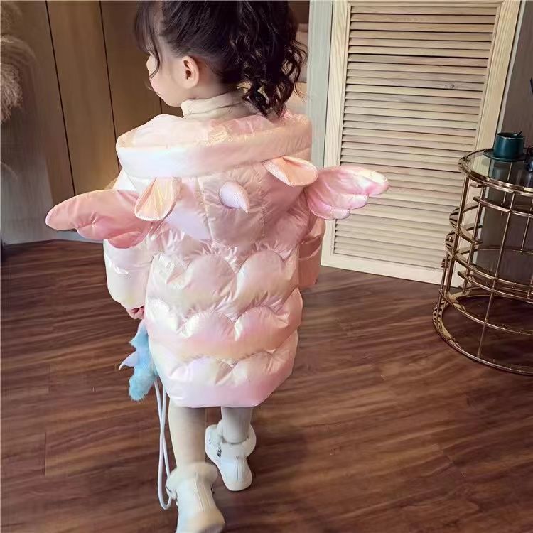 女童2023新款冬季棉服中长款加厚韩版儿童可爱独角兽翅膀外套时尚
