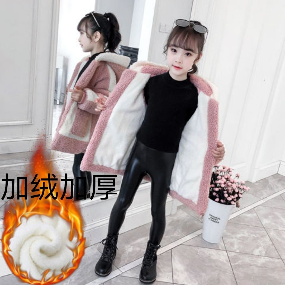 女童2023冬装中长款新款外套洋气韩版加绒加厚女生时尚羊羔绒衣