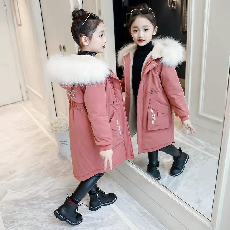 女童棉衣2023新款儿童洋气冬装加绒派克服时尚外套棉袄中长款棉服