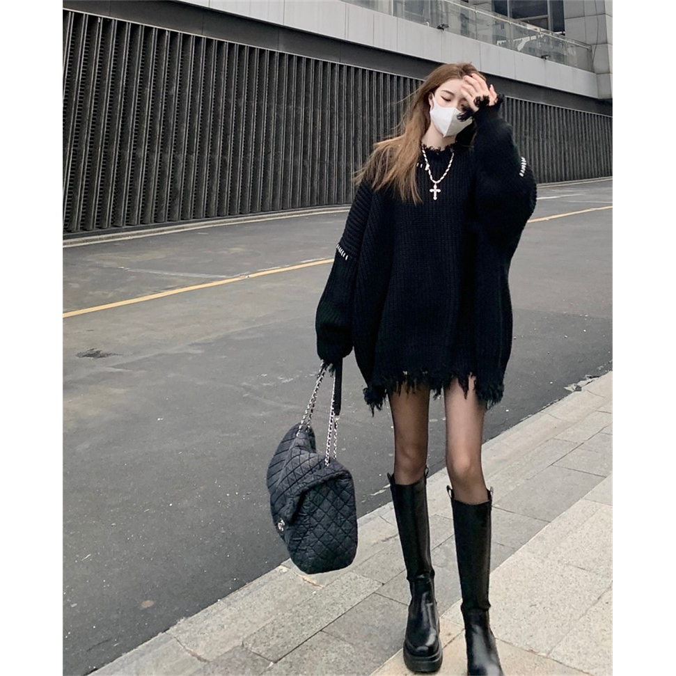 破洞流苏加厚毛衣女2023秋冬新款宽松中长款针织衫设计感小众上衣