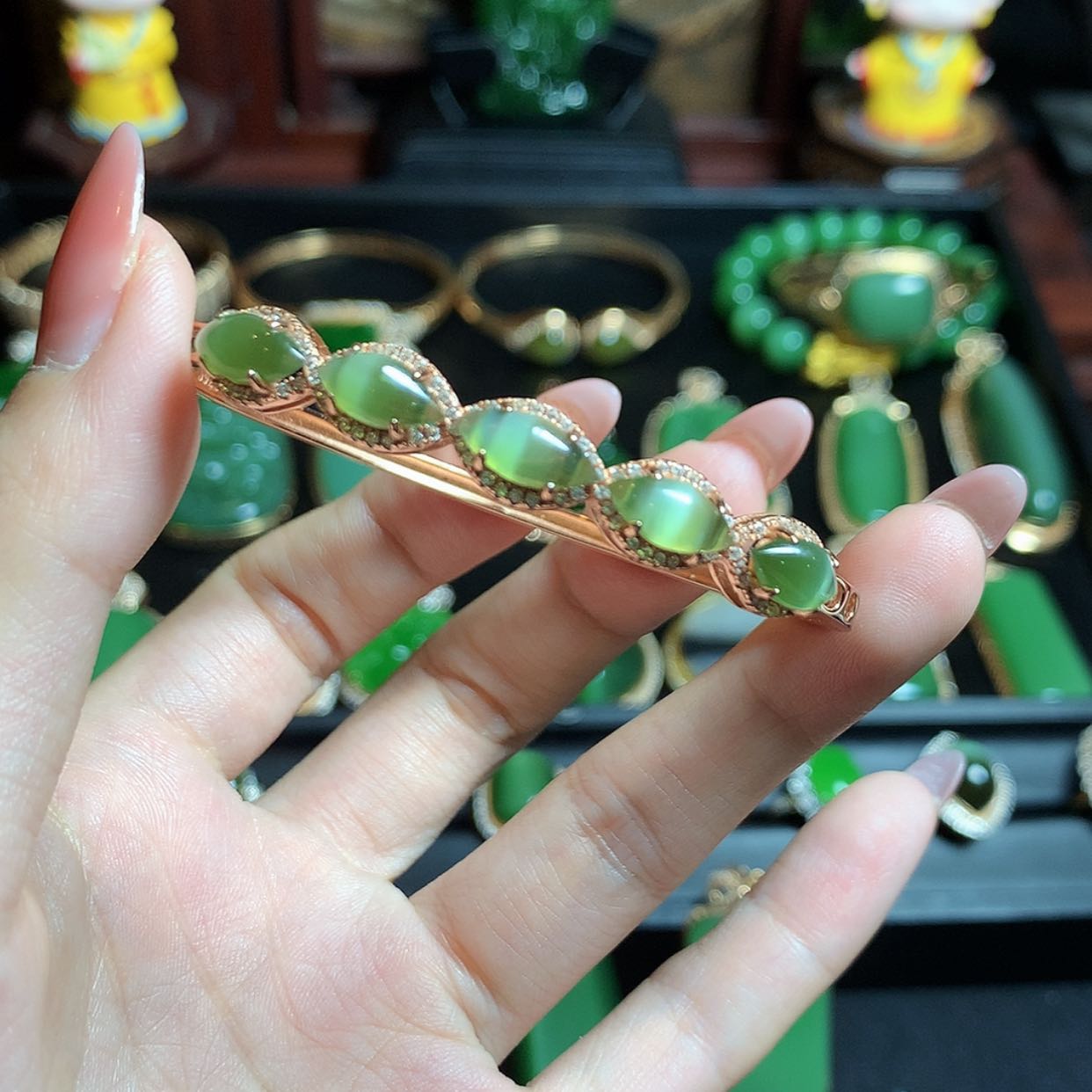 【闪购商品】和田玉（碧玉）手镯银S925镀金镶嵌