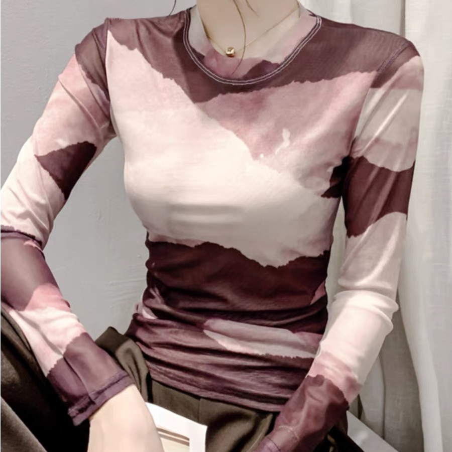 复古印花长袖网纱打底衫女高级感秋季洋气气质减龄t恤时尚上衣潮