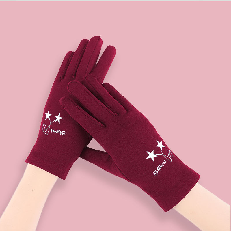 秋冬女士手套印花拉绒单层户外骑行休闲冬天高弹跳舞保暖五指手套