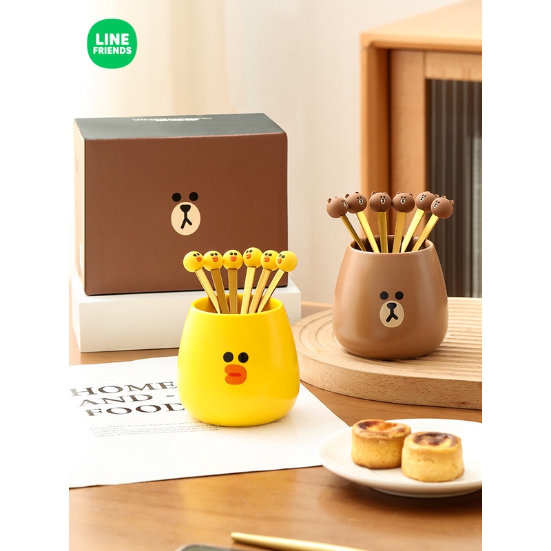 LINE FRIENDS水果叉子套装家用收纳罐小叉子甜品304不锈钢水果签