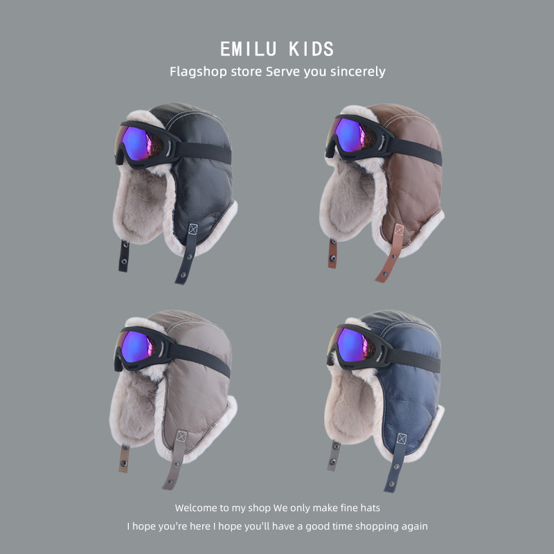 【东北滑雪帽】儿童雷锋帽冬复古飞行员墨镜皮质毛绒保暖护耳滑雪帽