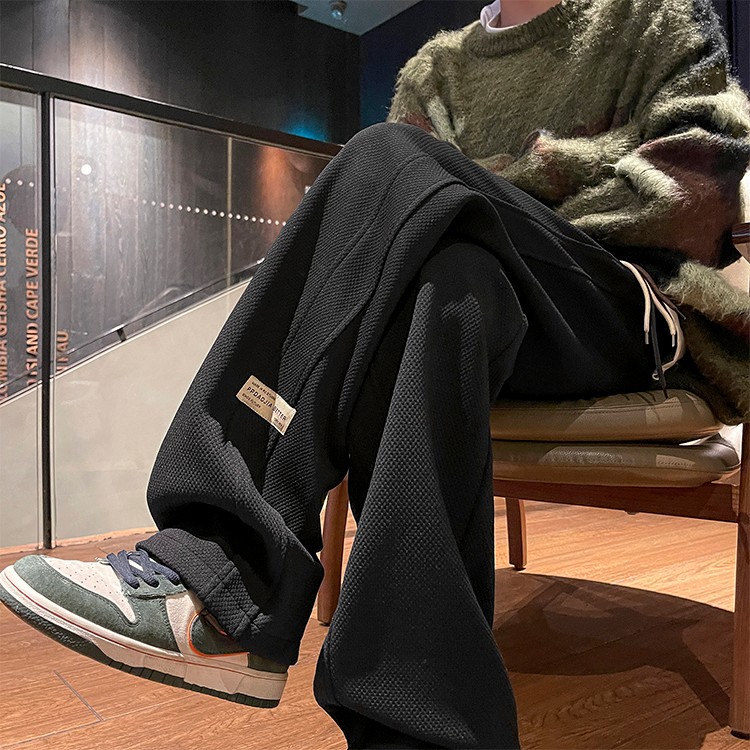 BBXX 秋冬500g重磅加绒菠萝格纹休闲卫裤男阔腿抽绳束脚直筒长裤