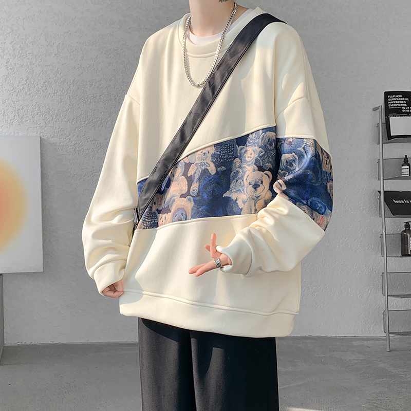 BBXX 美式潮牌拼接设计小熊油画刺绣圆领卫衣男休闲百搭套头上衣