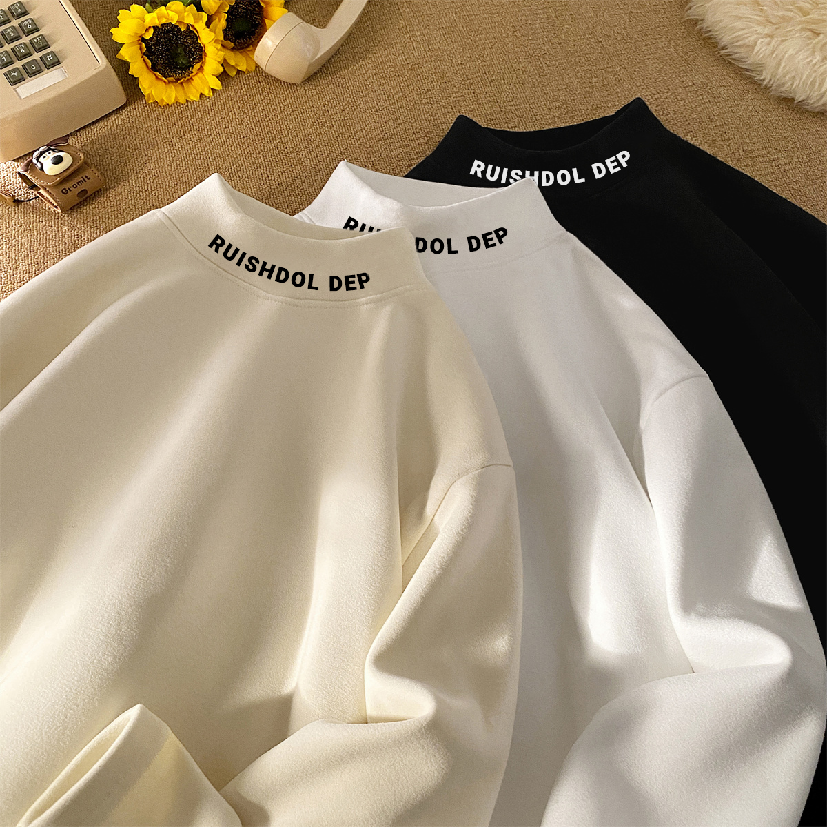 BBXX 秋冬季德绒打底衫半高领内搭美式字母印花纯色百搭保暖长袖