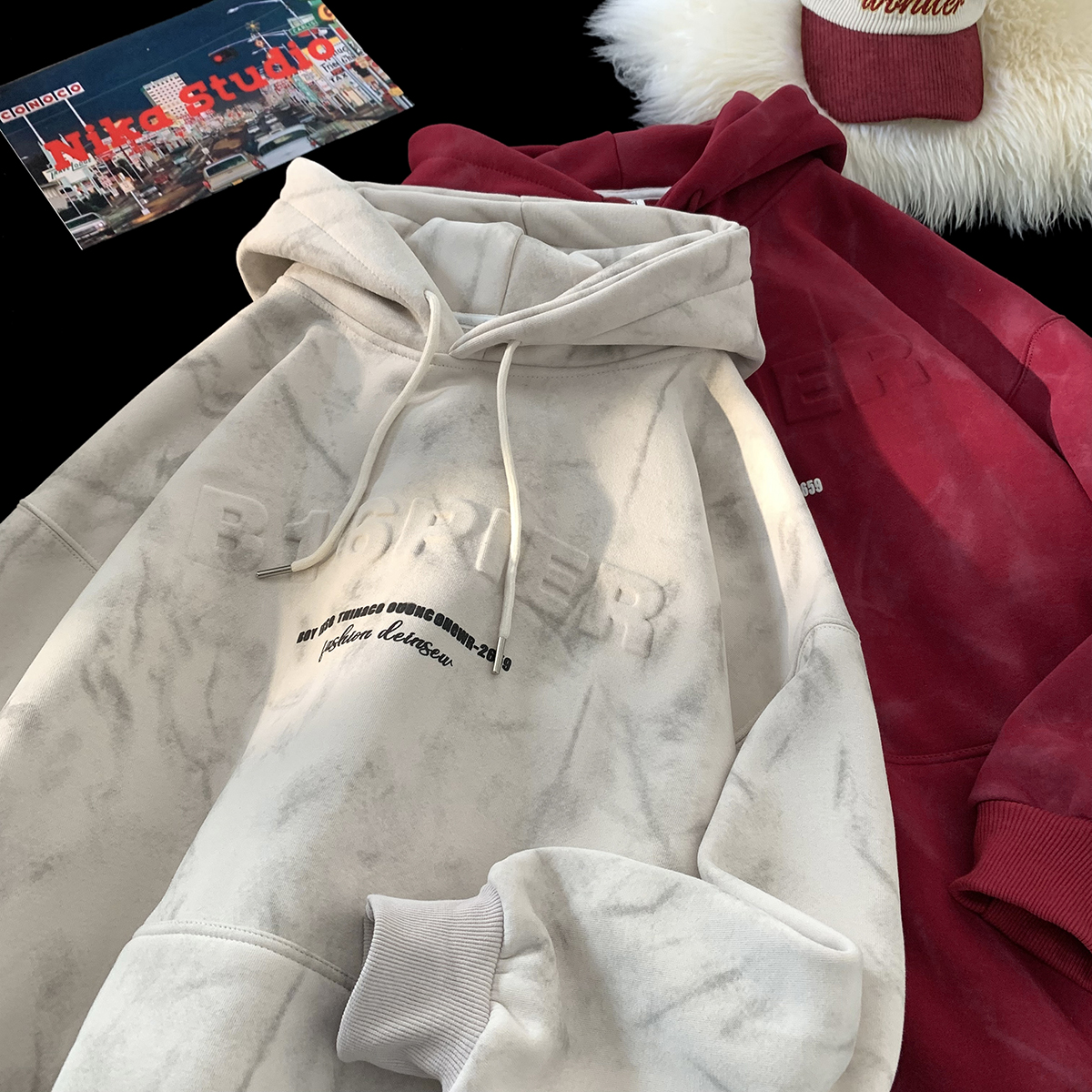 BBXX 秋冬重磅500g加绒美式字母钢印脏脏连帽卫衣男宽松慵懒外套