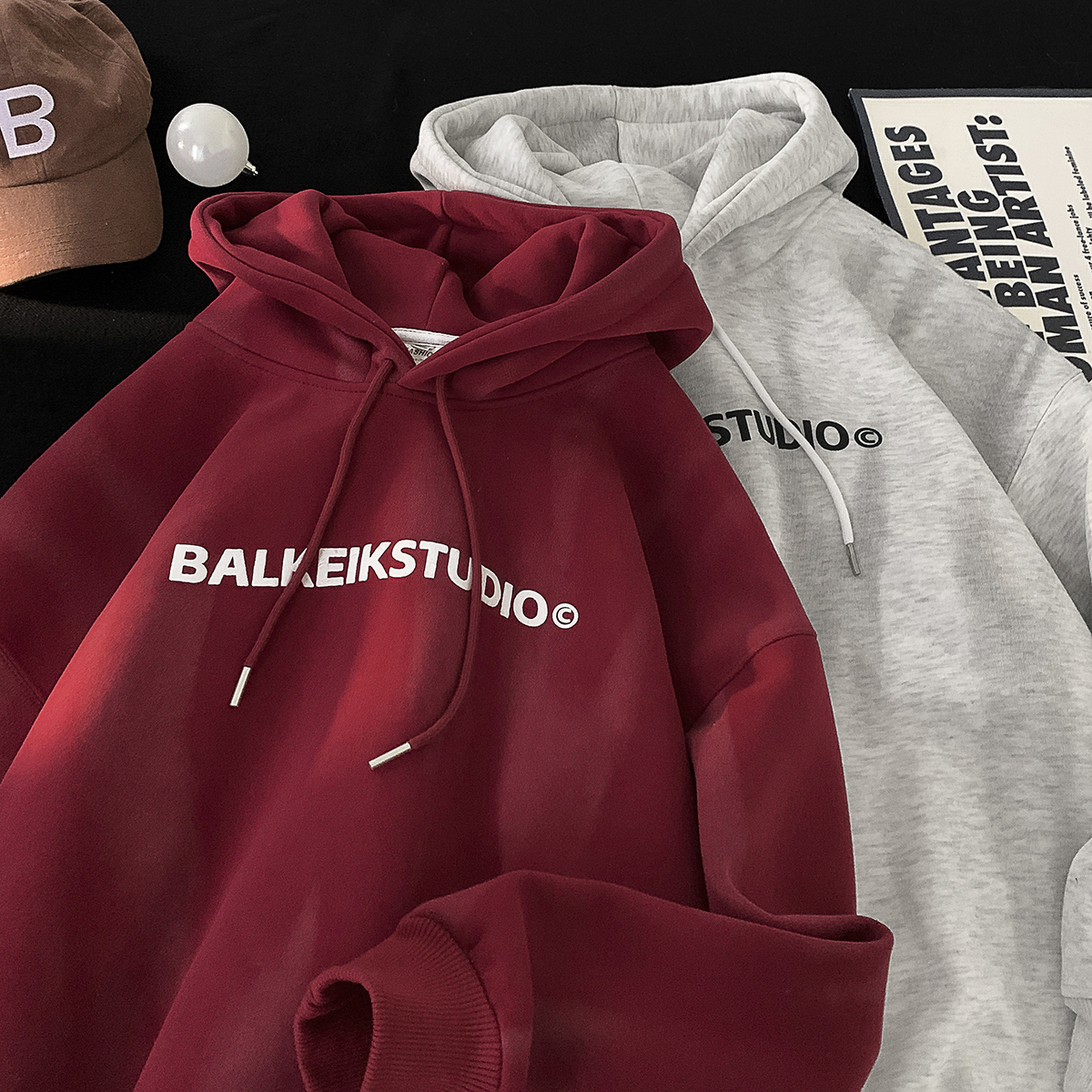 BBXX 重磅600g冬季加绒加厚美式字母扎染连帽卫衣男宽松慵懒外套