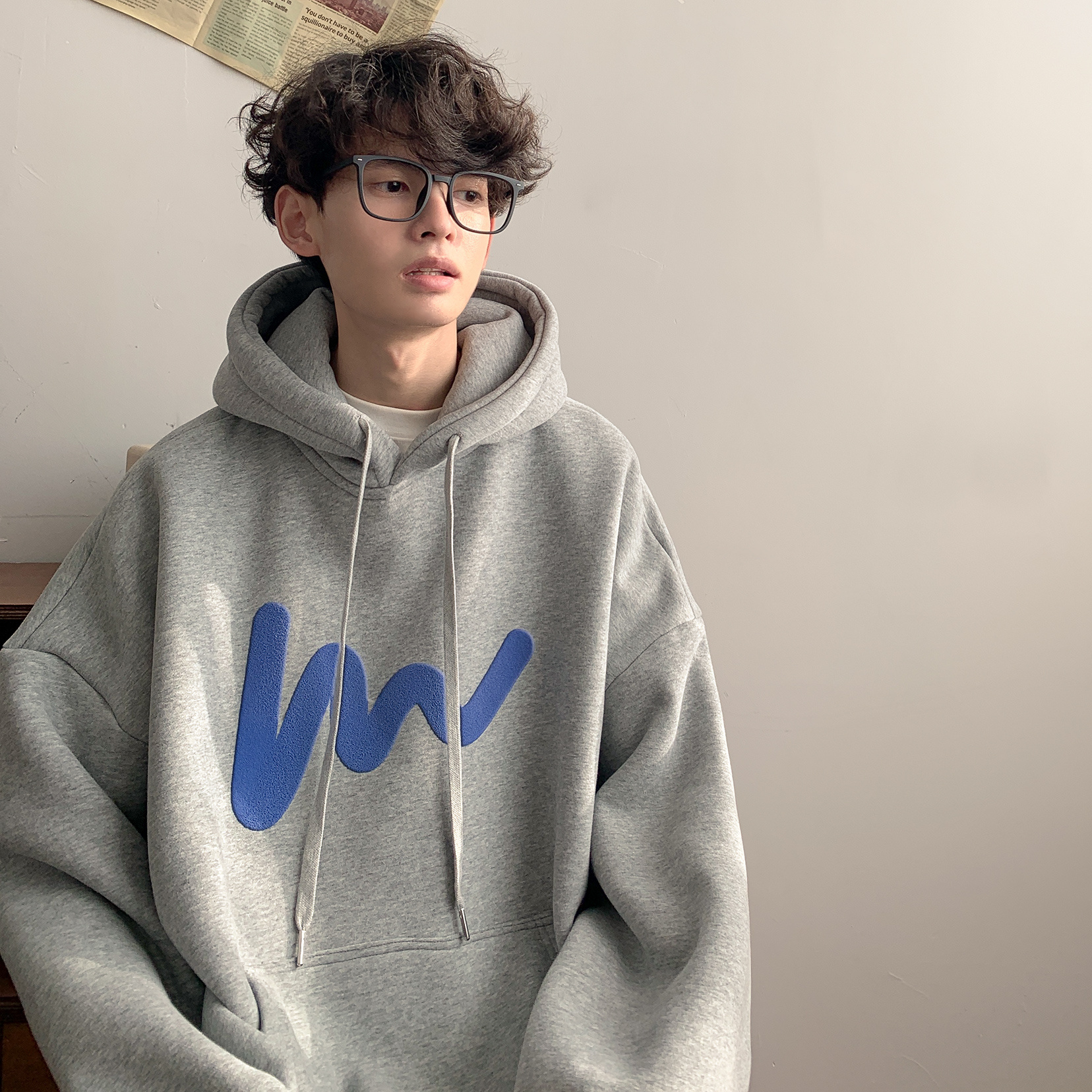 BBXX 秋冬500g重磅加绒美式字母发泡连帽卫衣男宽松百搭慵懒外套