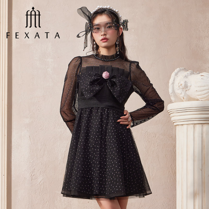 FEXATA斐格思连衣裙2024春蝴蝶结法式圆点网纱小黑裙