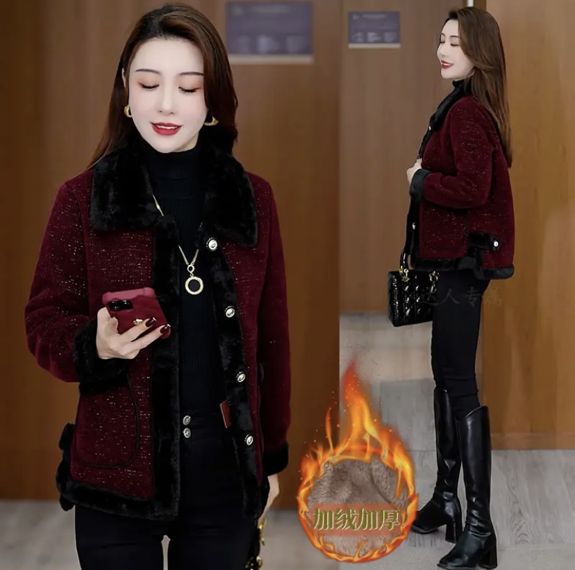 冬季加绒加厚保暖休闲小香风外套中年妈妈毛呢时尚女士高档上衣