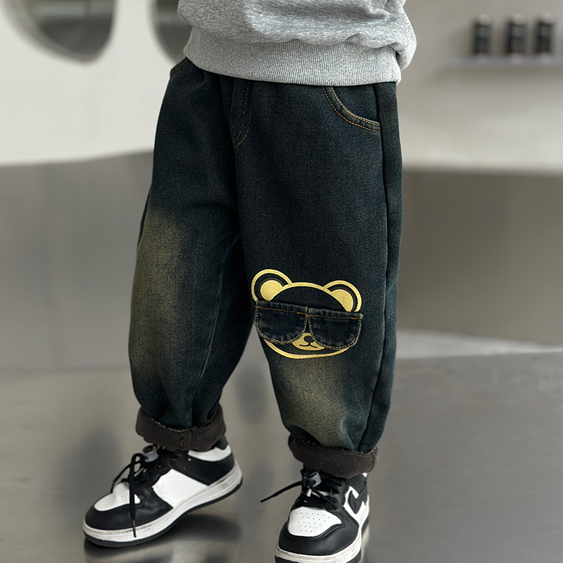 男童加绒裤子秋冬一体绒牛仔裤2023新款洋气时髦韩版加厚运动长裤