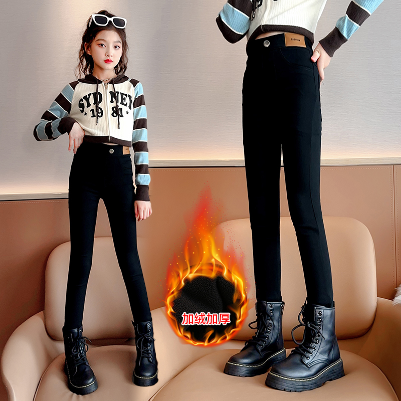 女童加绒裤子秋冬中大童儿童紧身打底裤弹力一体绒冬季儿童铅笔裤