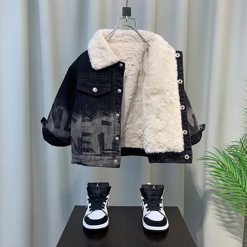 男童加绒外套23新款痞帅洋气男孩宝秋冬装儿童加厚牛仔棉袄衣服潮