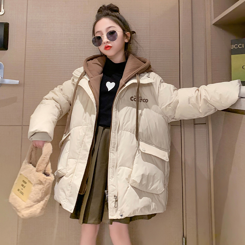 女童休闲棉服冬季假两件连帽棉衣中长款加厚外套2023新款大童棉袄