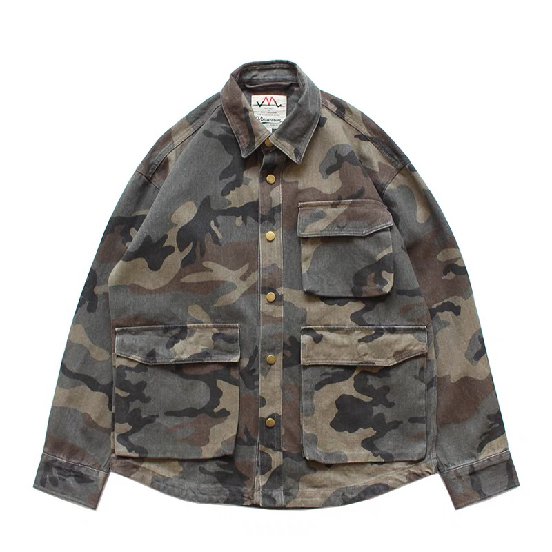 做旧重水洗珠帆美式休闲宽松多袋工装户外军工迷彩长袖夹克外套男