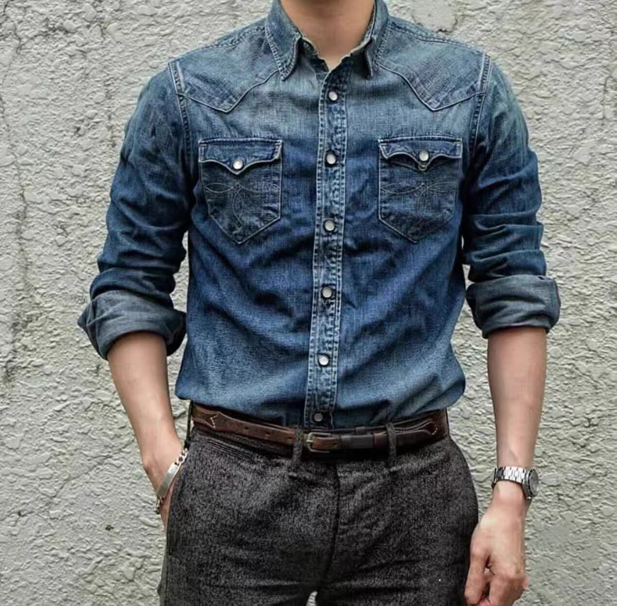 FDMTD美式复古水洗做旧修身牛仔衬衫阿美咔叽重工怀旧按扣衬衣外