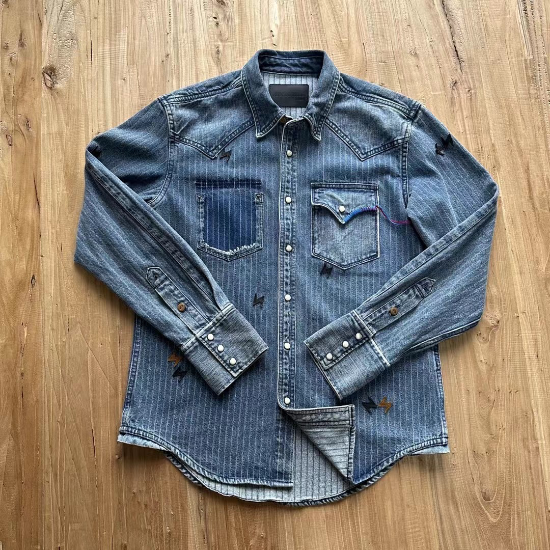 NBHHD美式复古西部长袖牛仔衬衫男水洗做旧补丁 2024秋冬新品