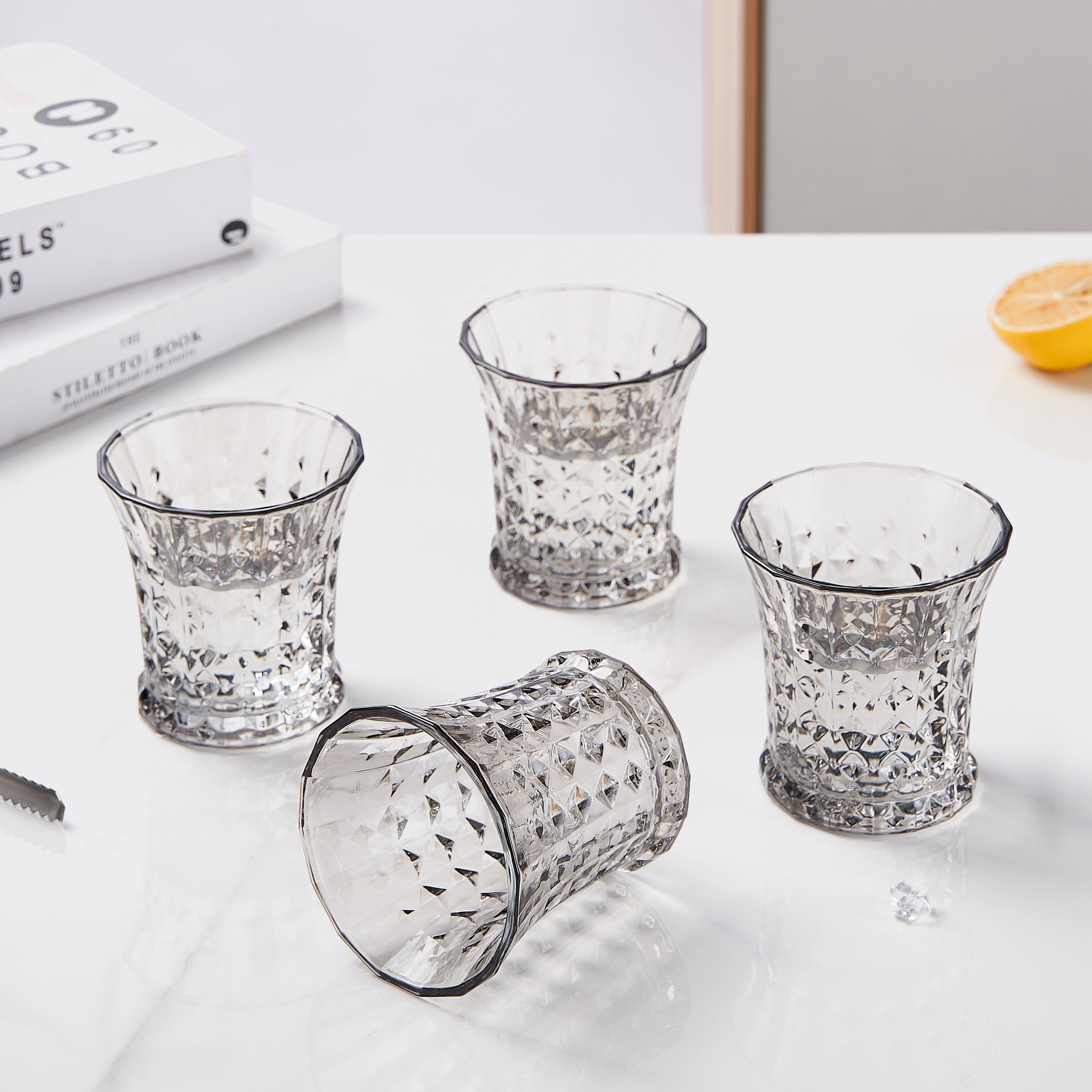 烟灰色钻石杯大口玻璃杯ins水杯网红果汁杯冷饮杯4只装